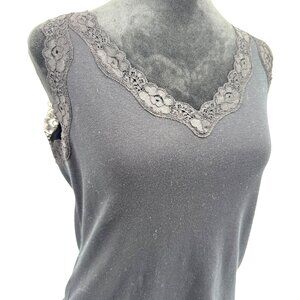 Karen Scott Babydoll Tank Top‎ Womens Black Lace Y2K Sleeveless V Neck Ribbed